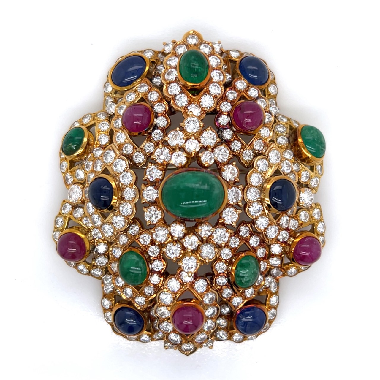 18K Yellow Gold Diamond, Emerald, Sapphire, and Ruby Pendant/Brooch