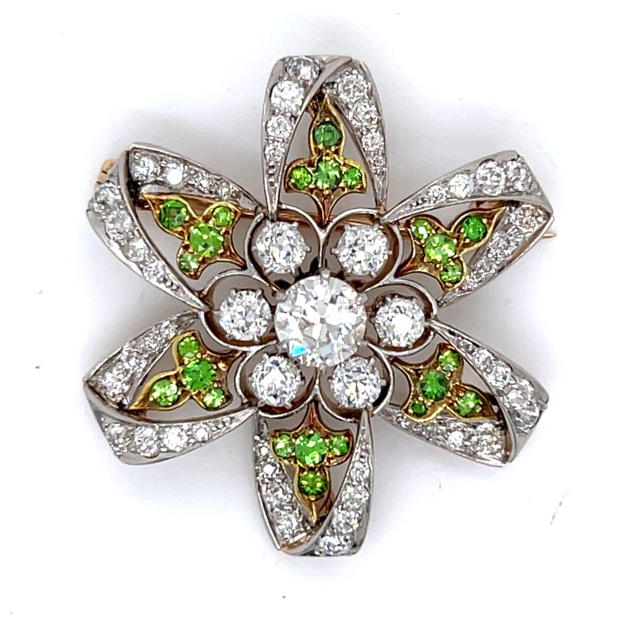 Antique 18K & Platinum Diamond and Garnet Brooch