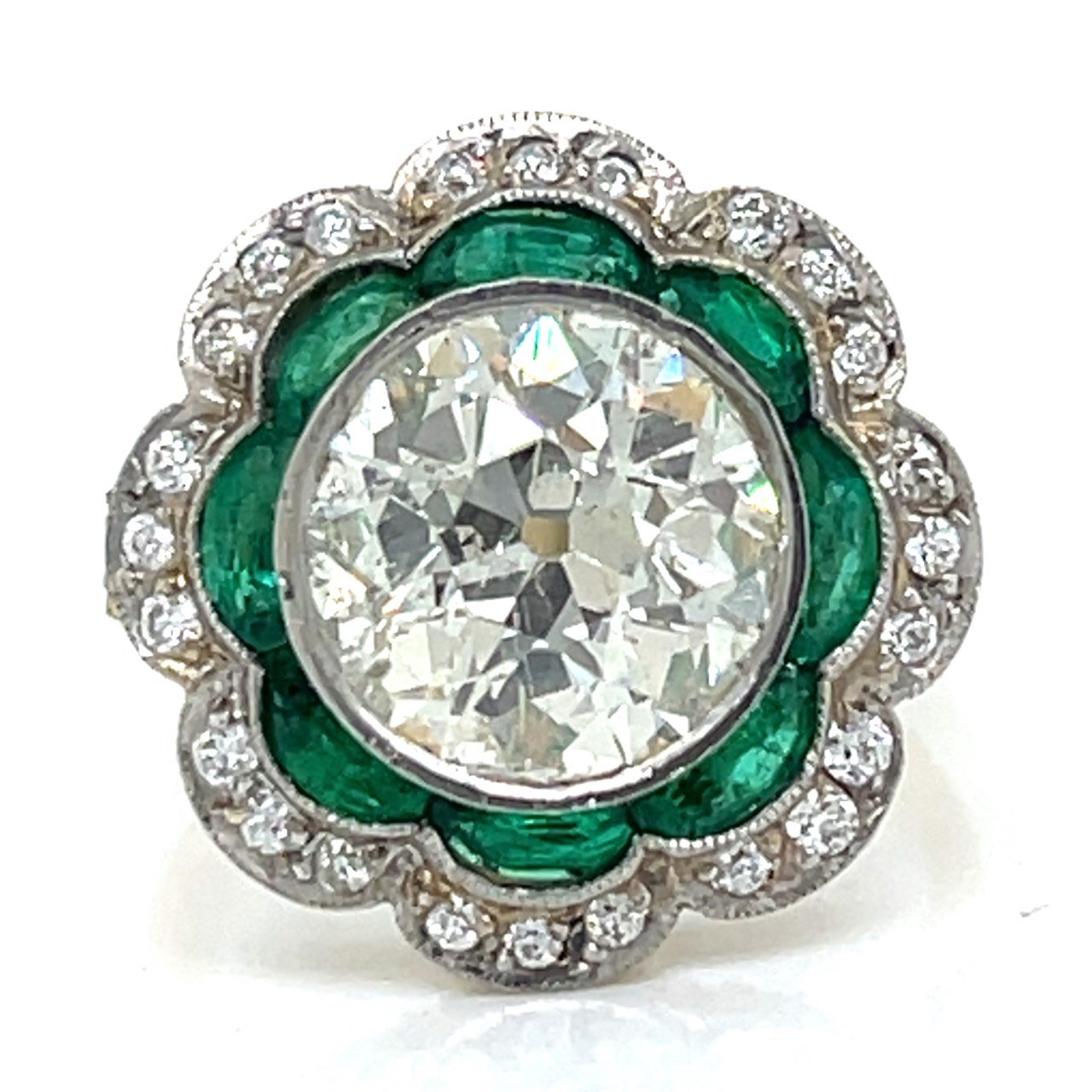 Art Deco Platinum & 18K Yellow Gold 4.03 Ct. Diamond and Emerald Ring