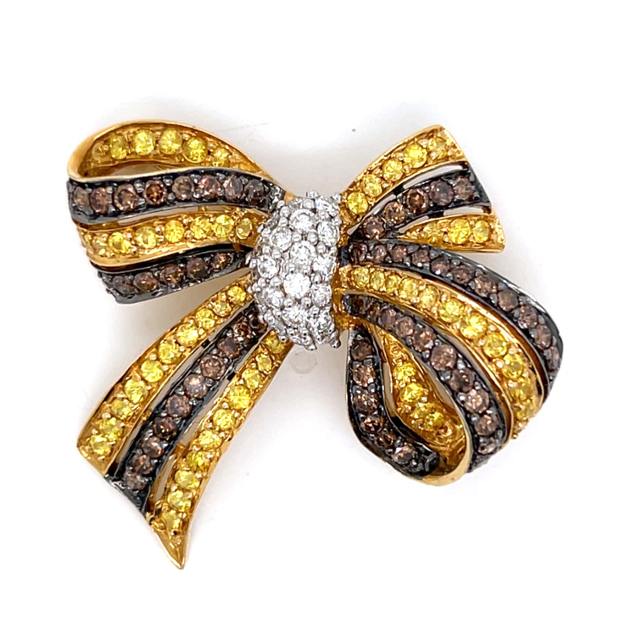 18K Yellow Gold Champagne Diamond & Yellow Sapphire Bow Brooch