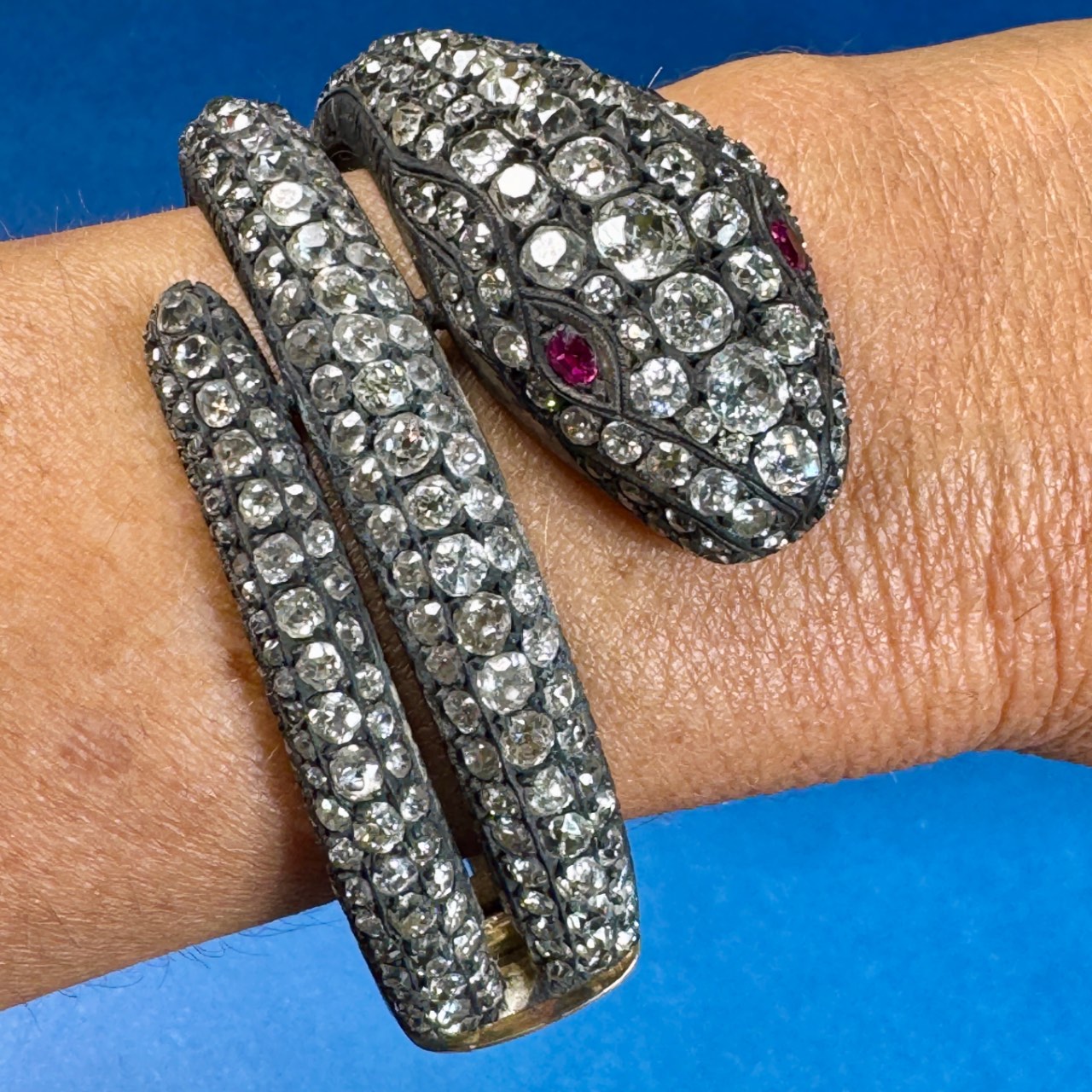 18K & Silver 58.25 Ct. Diamond & Ruby Snake Bangle