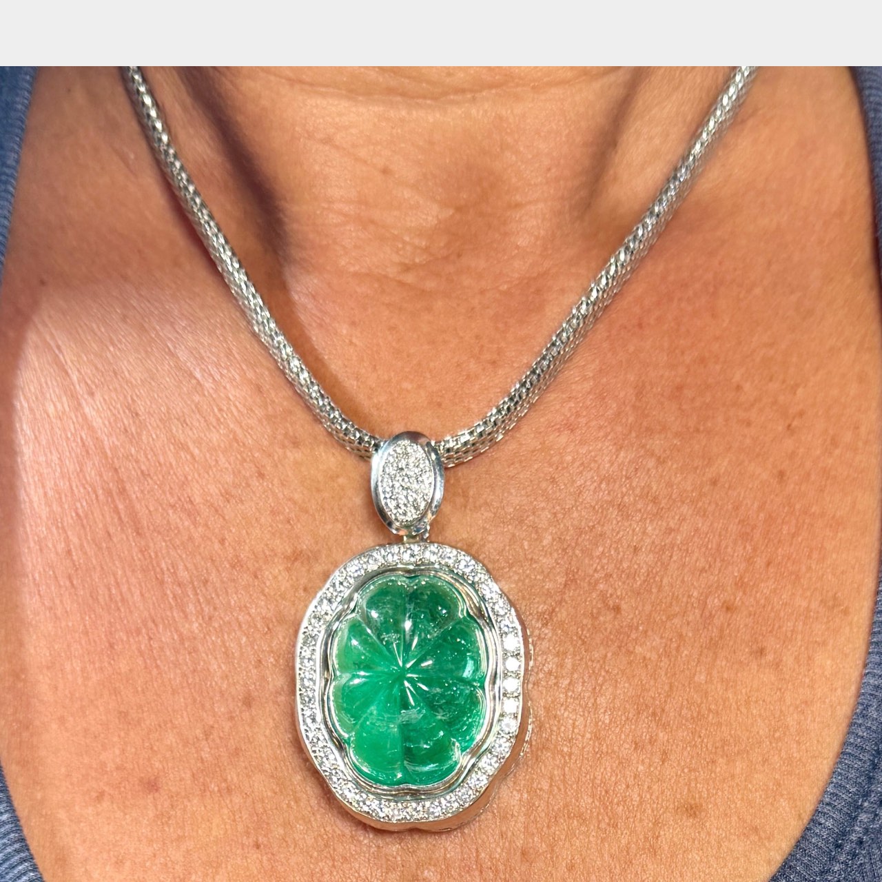 18K White Gold GIA Certified Carved Colombian Emerald & Diamond Pendant