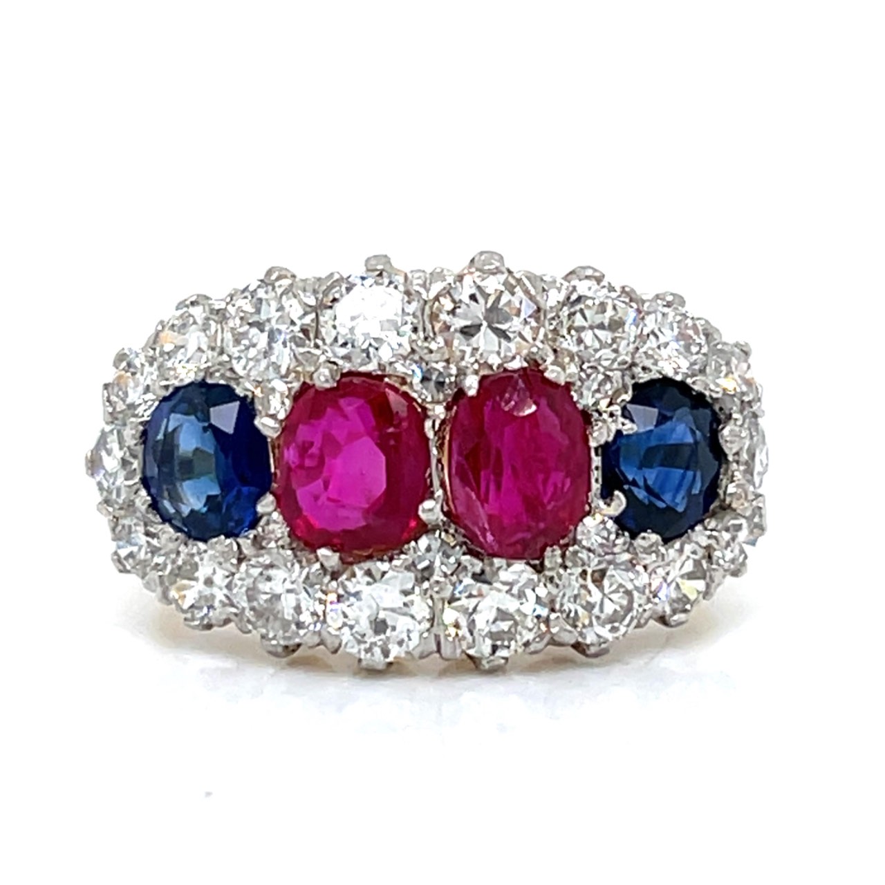 Antique 18K Yellow Gold & Platinum Burma Ruby, Burma Sapphire, and Diamond Ring