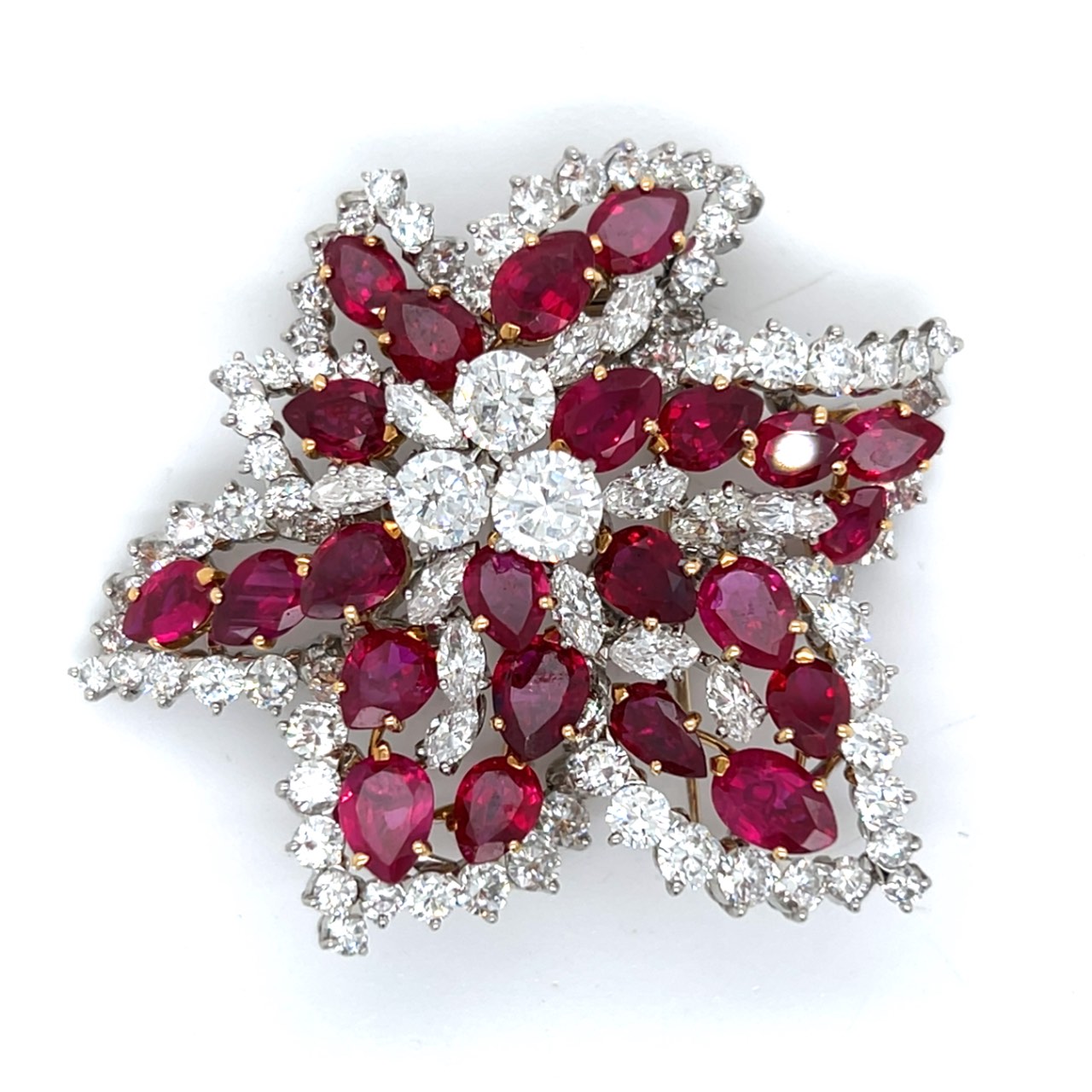 Platinum & 18K Yellow Gold GIA Certified Burma No-heat Ruby and Diamond Brooch
