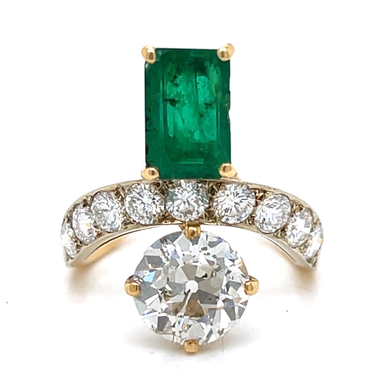 FRENCH 18K Yellow Gold Colombian Emerald & Diamond Ring