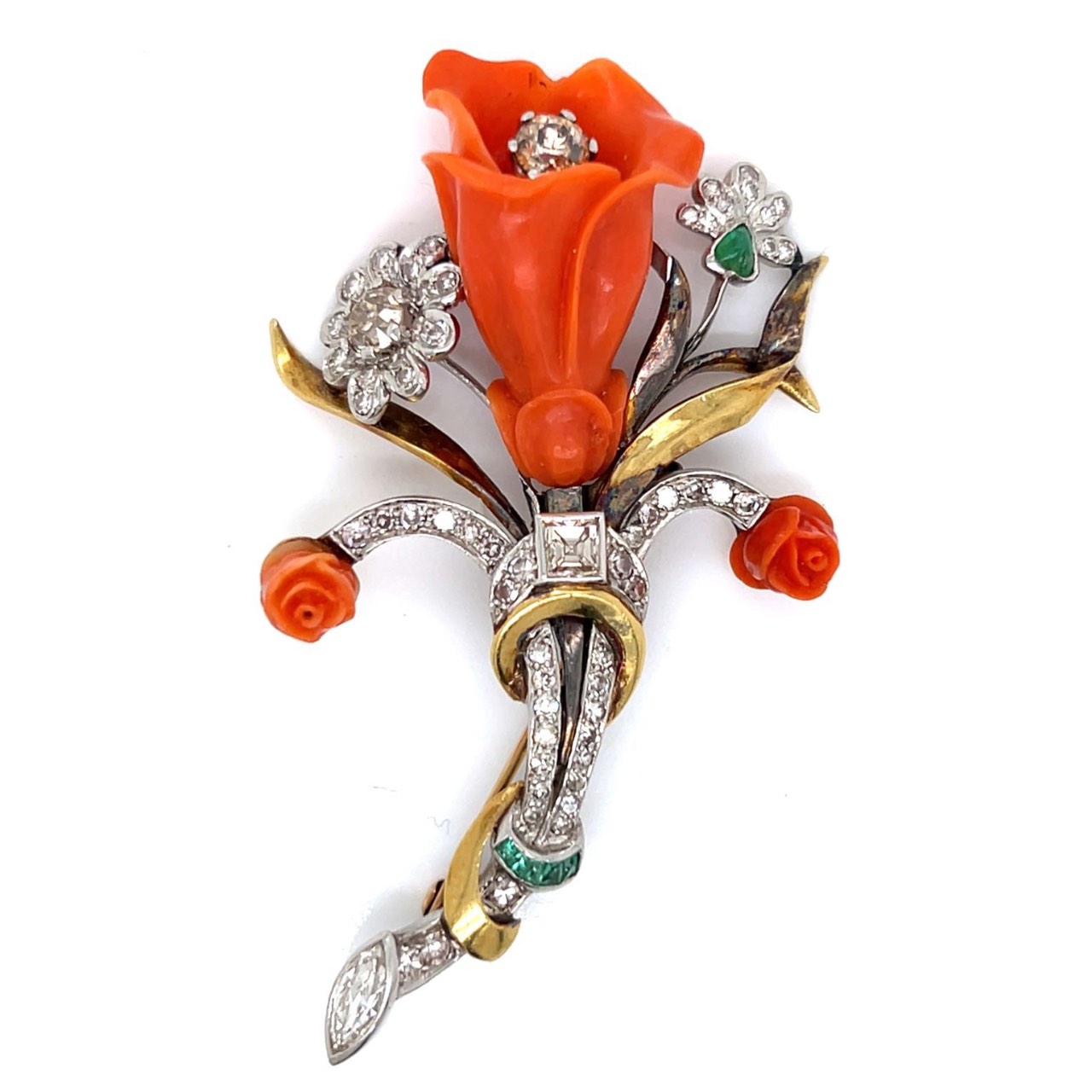 Art Deco Platinum & 18K Yellow Gold Diamond, Coral, and Emerald Flower Brooch