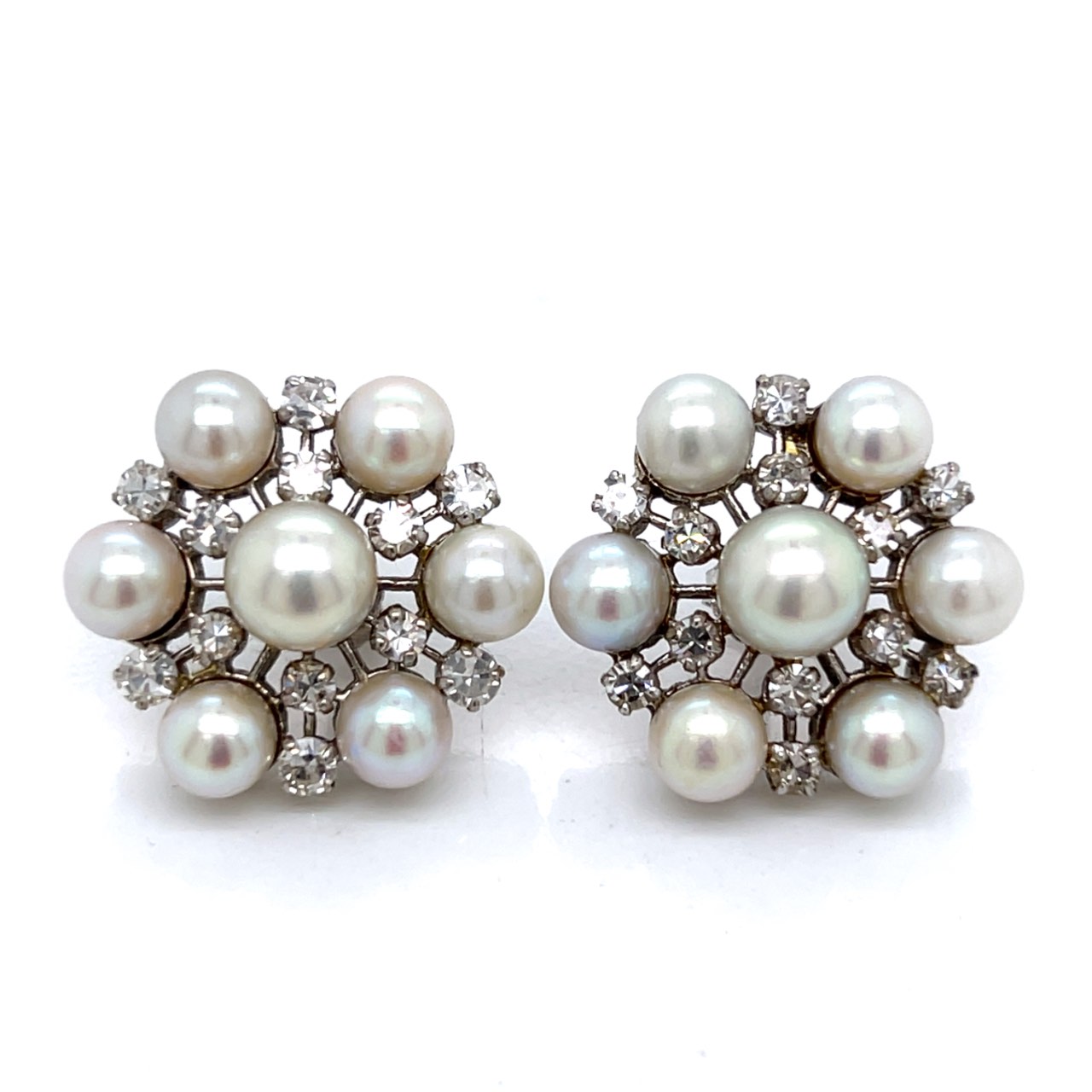 1960’s 14K White Gold Pearl & Diamond Earrings