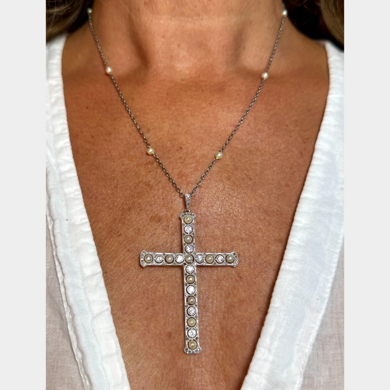 Art Deco Platinum Natural Pearl & Diamond Cross Necklace