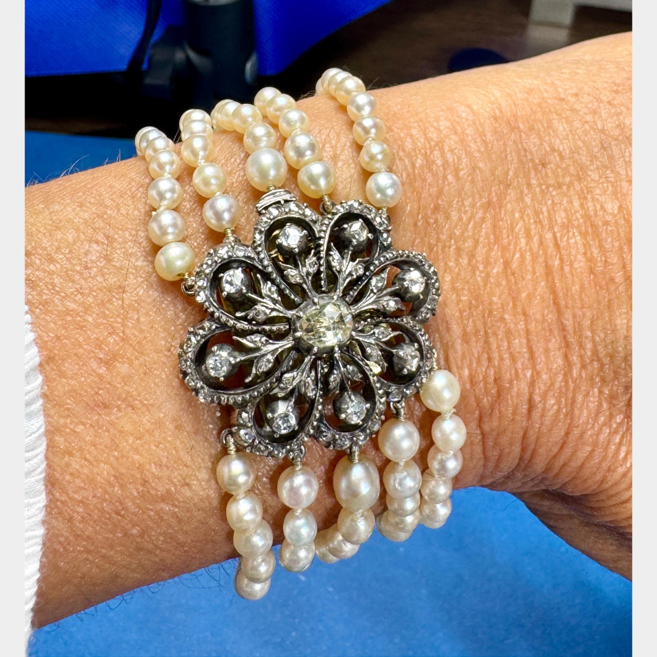 Victorian 18K & Silver Top GCS Certified  Natural Pearl and Diamond Bracelet