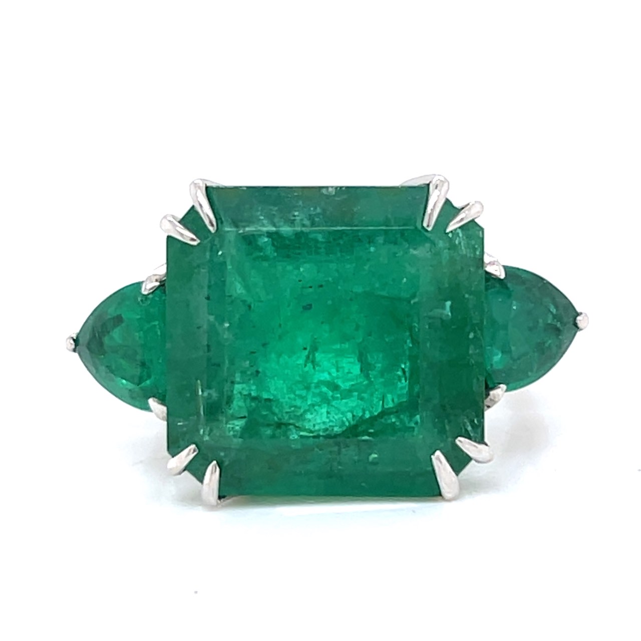 18K White Gold 13.50 Ct. Emerald 3-Stone Ring