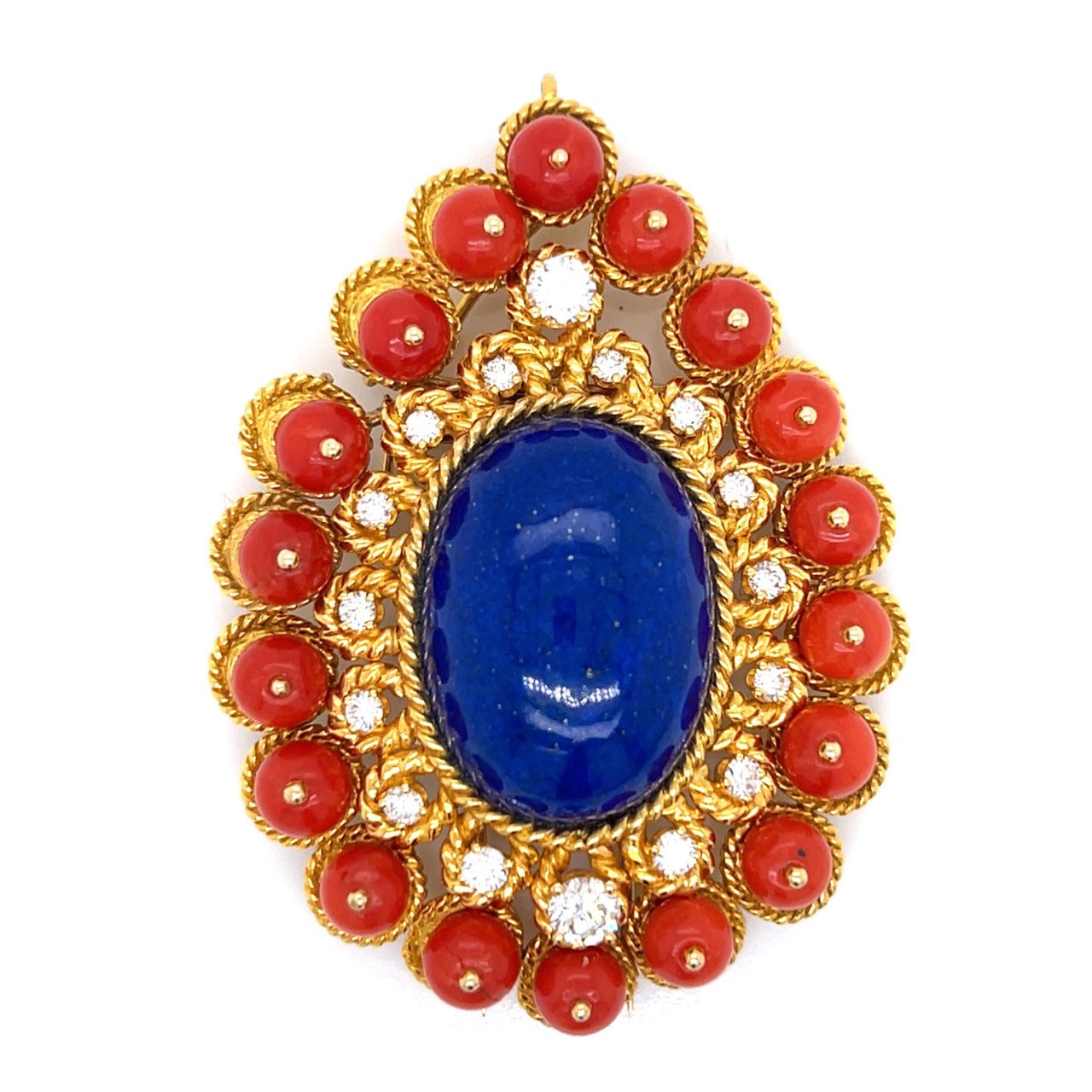1960’s 18K Yellow Gold Coral, Lapis Lazuli, and Diamond Brooch/Pendant